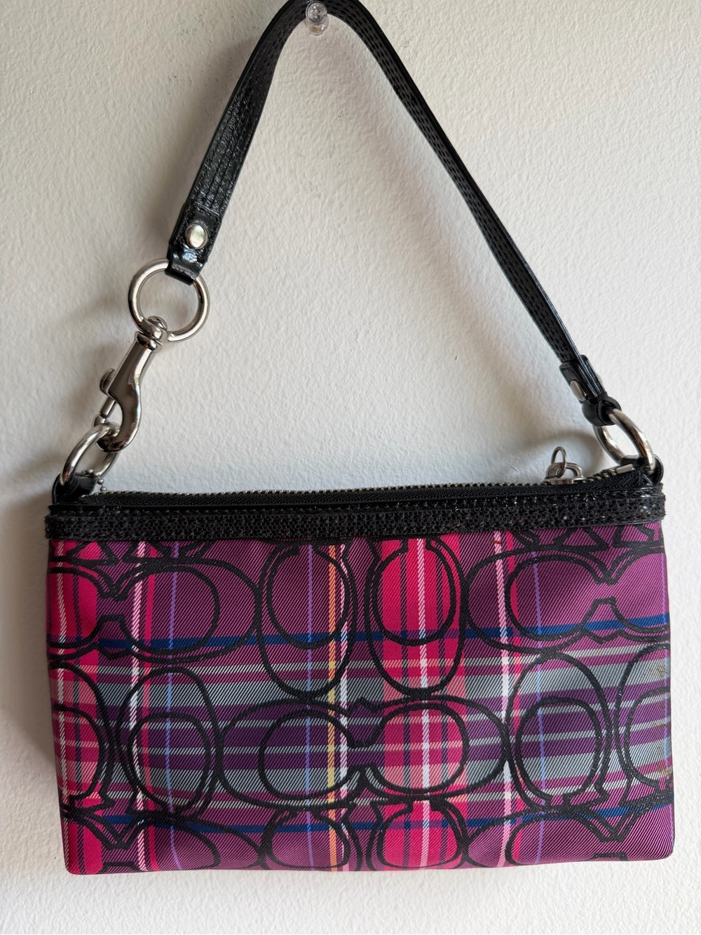 Coach Poppy Tartan Plaid Graffiti Wristlet Mini Bag Y2K Pink Purple - Picture 2 of 14